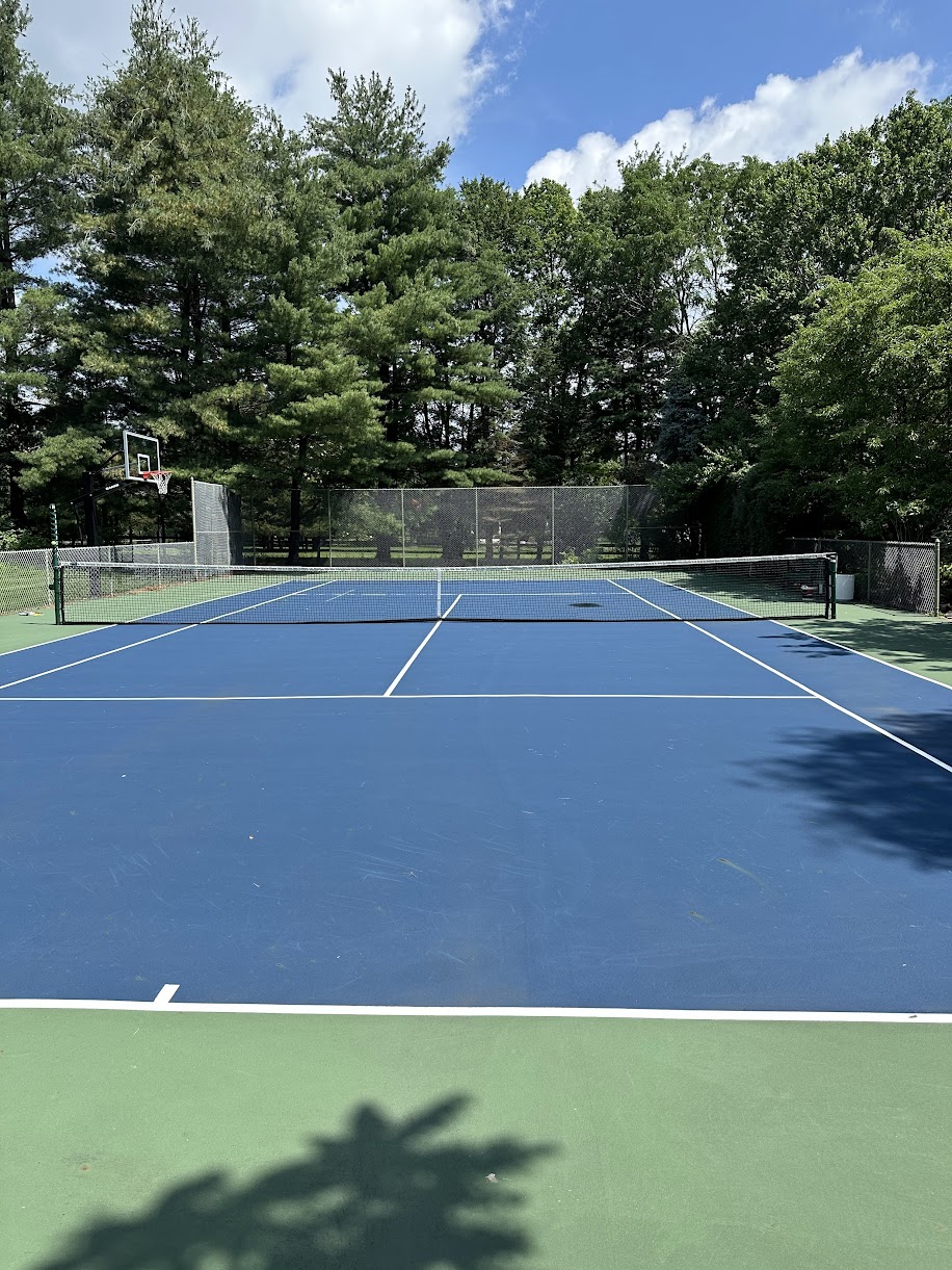 Tennis court with basketball hoop and scenic trees